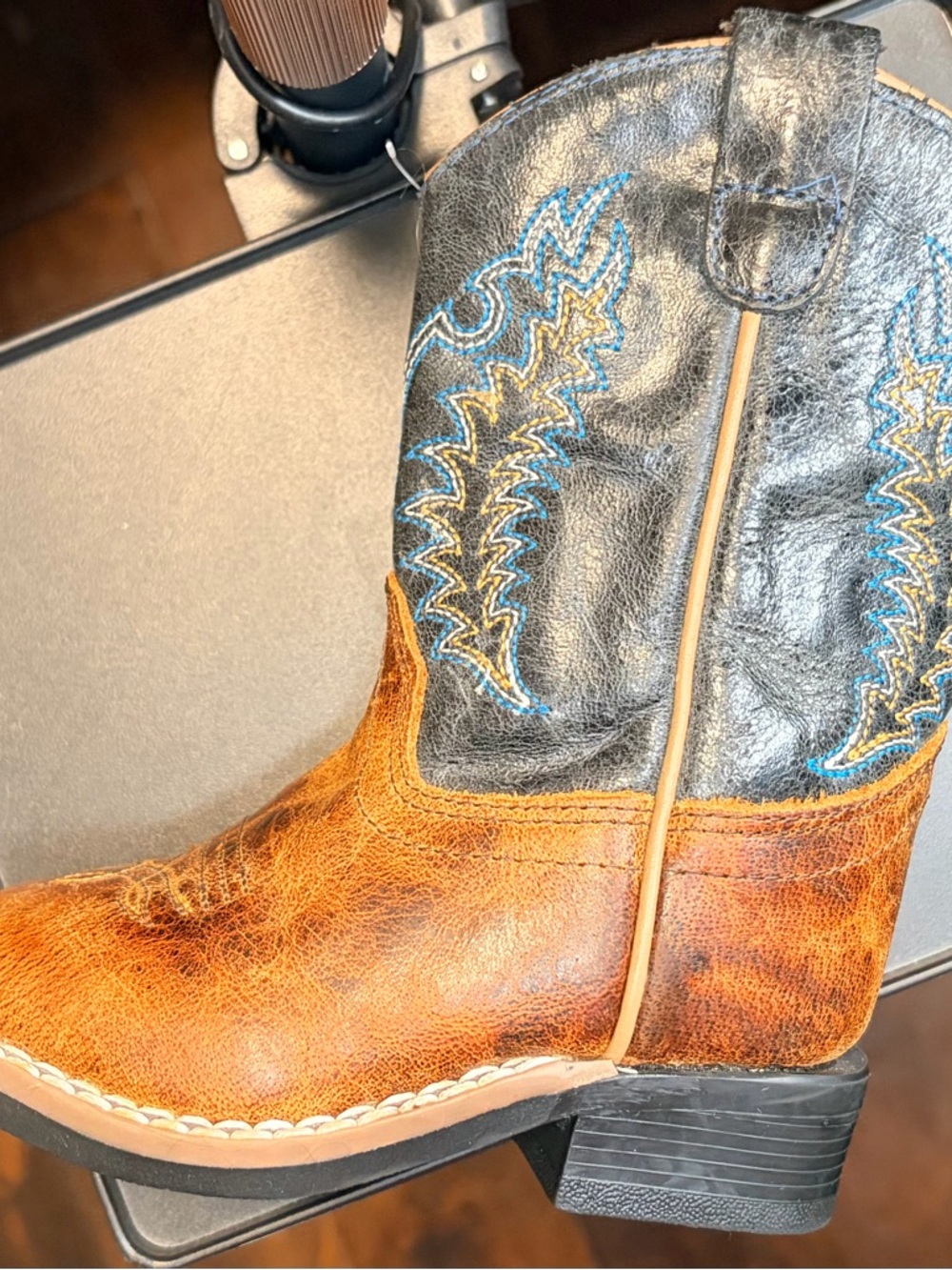 Old West Kids Leather Western Boots Brown Black Embroidered Zip Size 5D NWOT